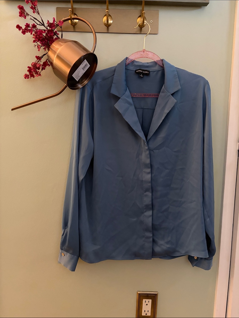 Dusty Blue Button-Front Long Sleeve Blouse